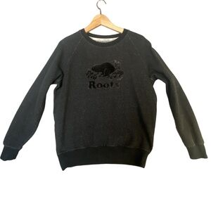 Roots Cotton Blend Black Small Lightweight Velvet Logo Crewneck Sweater Knit
